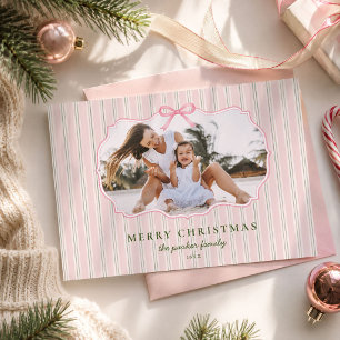 Cartes Pour Fêtes Annuelles Joyeux Noël Photo de famille à rayures rose