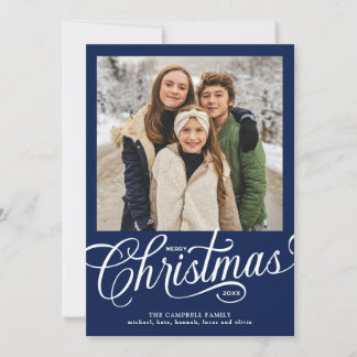 Cartes Pour Fêtes Annuelles Joyeux Noël Photo de famille en écriture bleue