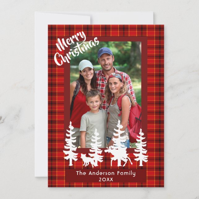 Cartes Pour Fêtes Annuelles Joyeux Noël photo de famille rouge forêt plaid (Devant)