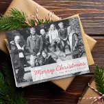 Cartes Pour Fêtes Annuelles Joyeux Noël | Photo de groupe familial moderne<br><div class="desc">Beautiful photograph holiday card with a simple, moderne, minimaliste, banner in a cherry red text on a semi-transparent overlay background. This versatile card can be personalized with your own photograph, family name and year to make a truly unique and bespoke card for the solive season. "Wishing you and wonderful christmas!"...</div>