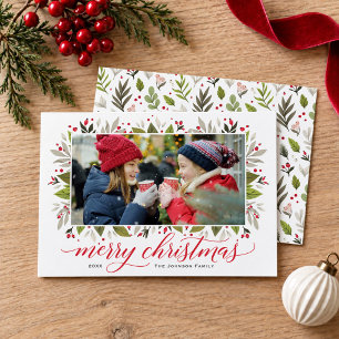 Cartes Pour Fêtes Annuelles Joyeux Noël Photo de verdure à l'aquarelle rouge