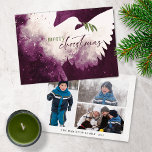 Cartes Pour Fêtes Annuelles Joyeux Noël Photo Dove Magenta Green<br><div class="desc">Ces cartes de voeux de Noël à plat de 7" x 5" présentent une colombe abstraite dans les tons magenta. "Joyeux Noël" en vert et magenta avec une branche d'olivier verte. Customisez avec votre nom de famille et votre année. Le dos a trois photos,  un portrait,  deux paysages.</div>