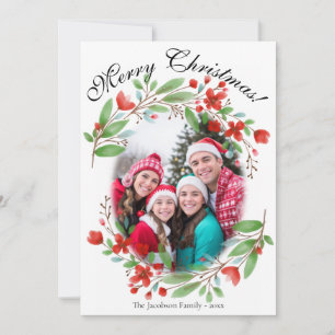 Cartes Pour Fêtes Annuelles Joyeux Noël Photo Floral Aquarelle Rouge Vert