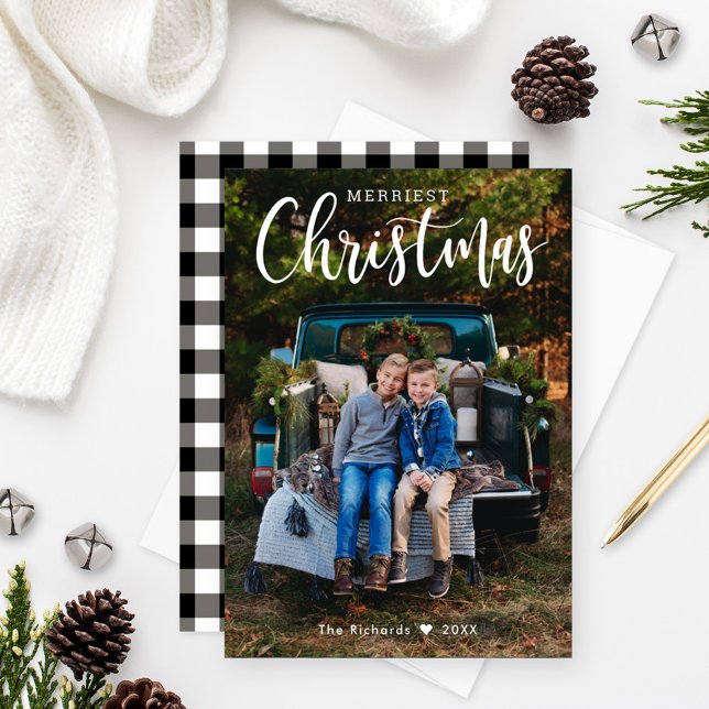 Cartes Pour Fêtes Annuelles Joyeux Noël Photo Gingham Fond (Créateur téléchargé)