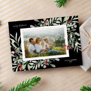 Cartes Pour Fêtes Annuelles Joyeux Noël Photo Hiver Foliier Baies rouges
