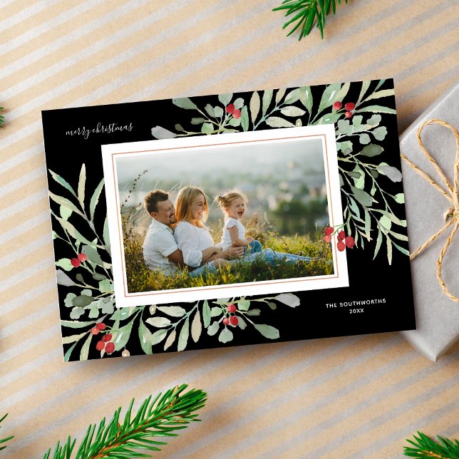 Cartes Pour Fêtes Annuelles Joyeux Noël Photo Hiver Foliier Baies rouges (Créateur téléchargé)