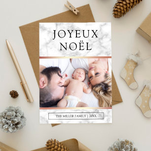 Cartes Pour Fêtes Annuelles Joyeux Noël Photo Marbre blanc Rose Gold Foil