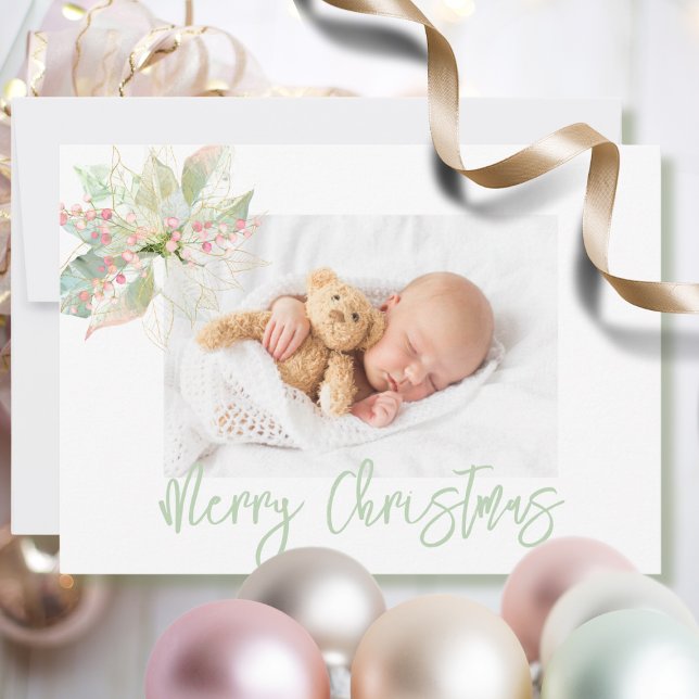 Cartes Pour Fêtes Annuelles Joyeux Noël Photo Pink Gold Pastel Poinsettia (Créateur téléchargé)