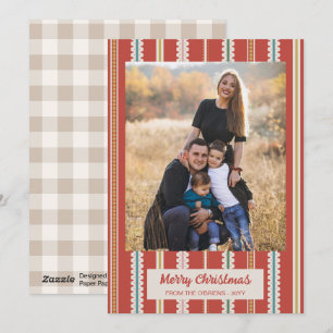 Cartes Pour Fêtes Annuelles Joyeux Noël Photo Rayures Écaillées Rouge Beige