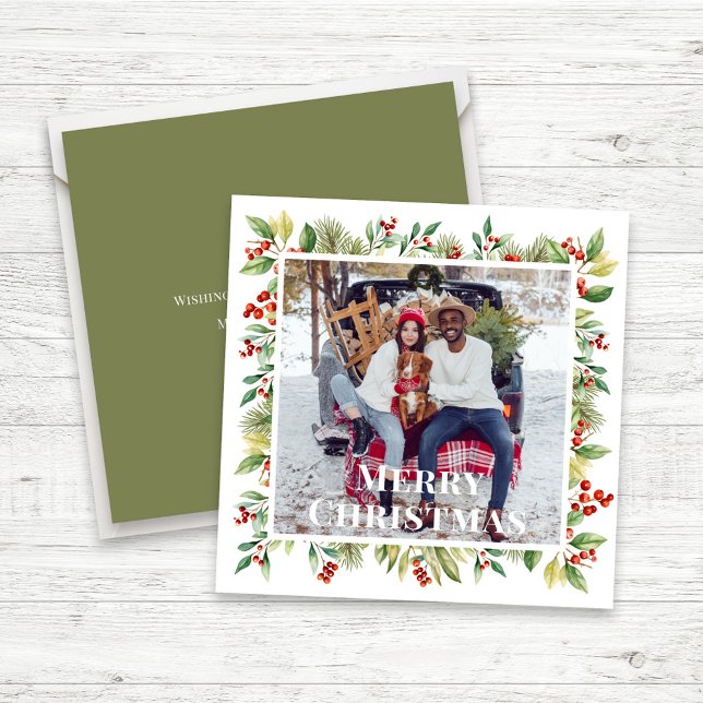Cartes Pour Fêtes Annuelles Joyeux Noël Photo Red Holly Botanical Green (Christmas Photo Card with watercolor red holly berries greenery and simple square template.)