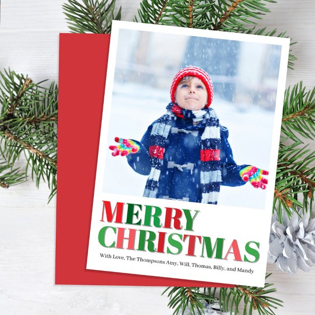 Cartes Pour Fêtes Annuelles Joyeux Noël photo rouge et verte (Merry Christmas photo card with bold red and green lettering.)