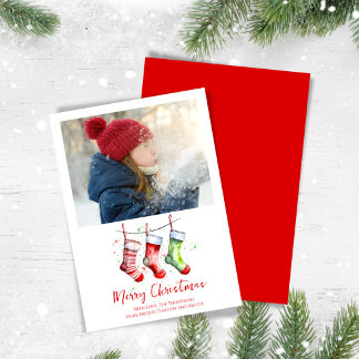 Cartes Pour Fêtes Annuelles Joyeux Noël Photo Watercolor Stockings