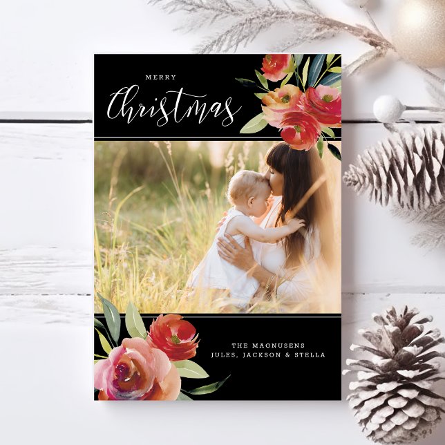 Cartes Pour Fêtes Annuelles Joyeux Noël Photos Rouge Aquarelle Florale Noir (Créateur téléchargé)