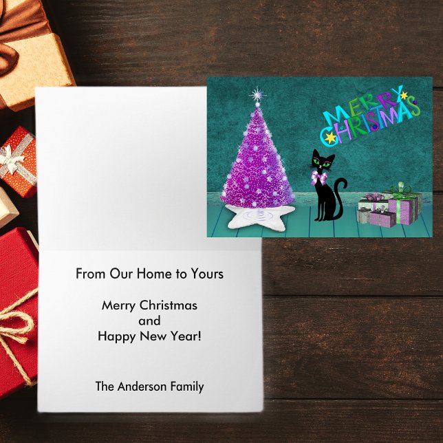 Cartes Pour Fêtes Annuelles Joyeux Noël Pink Tree Cat présente sur Turquoise (Pink silver tree black cat pink bow wrapped gifts on teal Merry Christmas greeting card.)