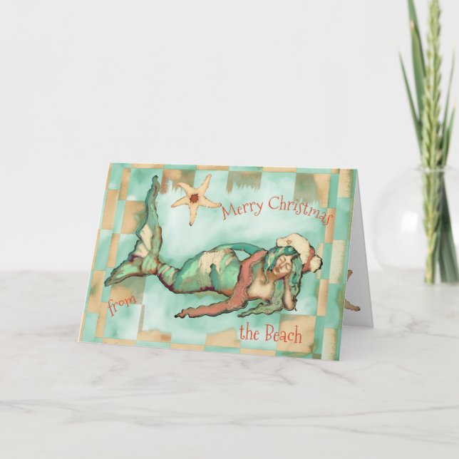 Cartes Pour Fêtes Annuelles Joyeux Noël Plage Sirène Santa Hat Personaliz (Devant)