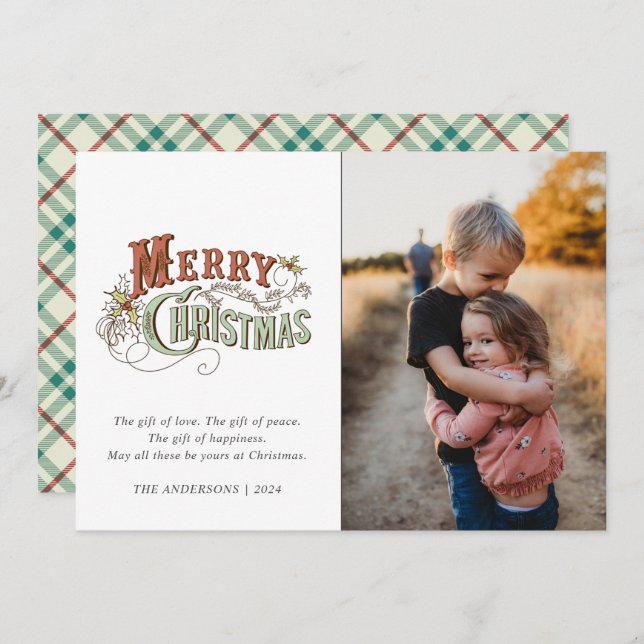 Cartes Pour Fêtes Annuelles Joyeux Noël Plaid Famille Photo Noël (Devant / Derrière)