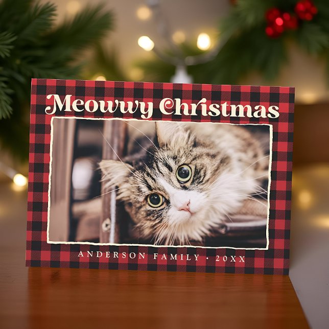Cartes Pour Fêtes Annuelles Joyeux Noël Plaid Moderne Photo de Chat Drôle (Créateur téléchargé)