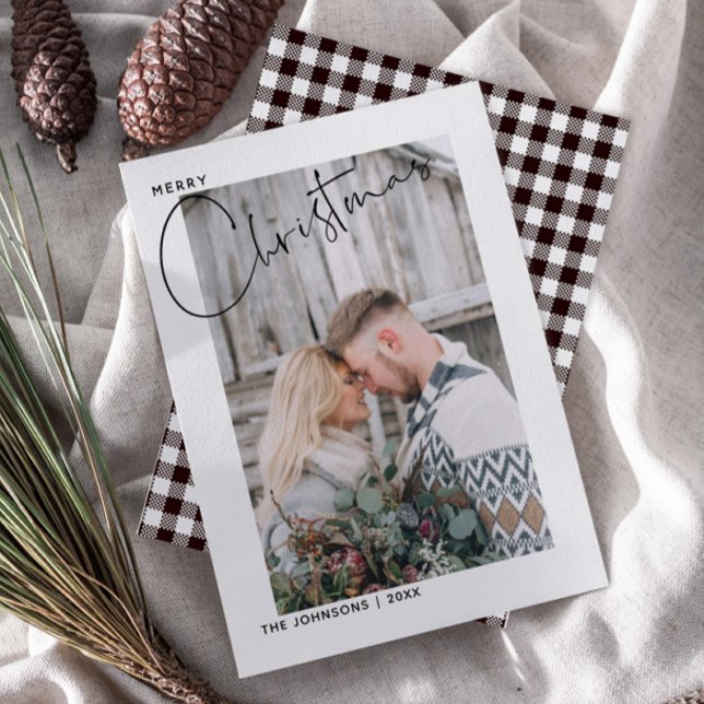 Cartes Pour Fêtes Annuelles Joyeux Noël Plaid noir & blanc photo Script (Créateur téléchargé)