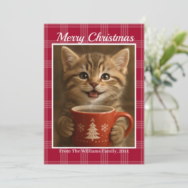 Cartes Pour Fêtes Annuelles joyeux noël plaid rouge mignonne chaton photo (Debout devant)