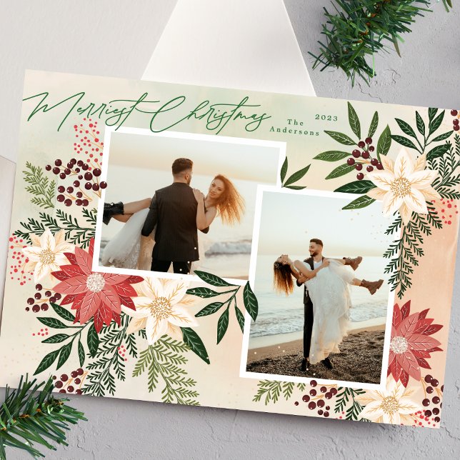 Cartes Pour Fêtes Annuelles Joyeux Noël Poinsettia Botanical Photo Collage (Créateur téléchargé)