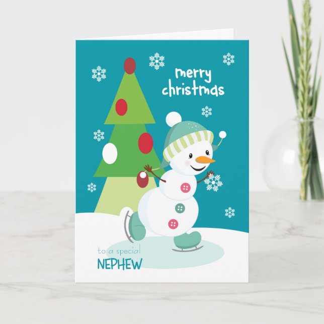 Cartes Pour Fêtes Annuelles Joyeux Noël pour Nephew Ice Sking Snowman (Devant)