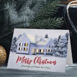 Cartes Pour Fêtes Annuelles Joyeux Noël Real Estate Company Winter House<br><div class="desc">Cette belle carte de séjour pliée sur mesure est parfaite pour une société immobilière située au nord. Superbe neige blanche borde les arbres et la maison sur cette photo d'hiver. Un courtier peut garder Joyeux Noël en écriture rouge et verte ou customiser avec ses propres Joyeuses Fêtes. Ajoutez votre message...</div>