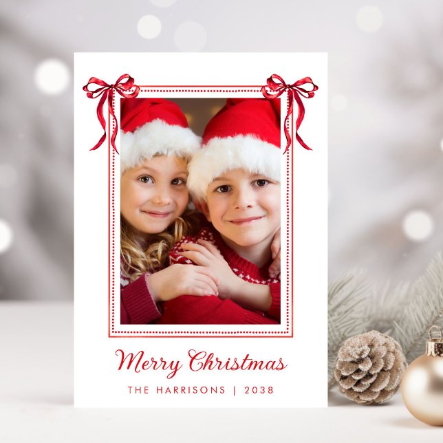 Cartes Pour Fêtes Annuelles Joyeux Noël Red Bows aquarelle Photo (Share the love and warmth of the holiday season with this personalized photo Christmas card)