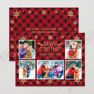 Cartes Pour Fêtes Annuelles Joyeux Noël Red Plaid Gold Snowflakes 5 Photo