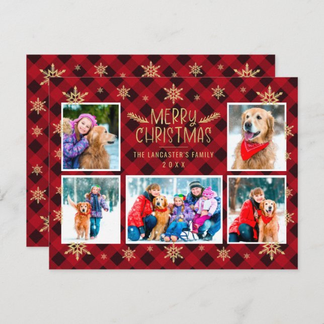 Cartes Pour Fêtes Annuelles Joyeux Noël Red Plaid Gold Snowflakes 5 Photo (Devant / Derrière)