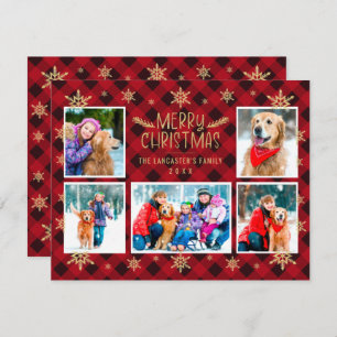 Cartes Pour Fêtes Annuelles Joyeux Noël Red Plaid Gold Snowflakes 5 Photo