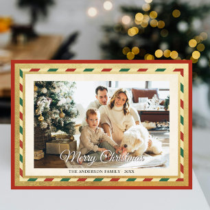 Cartes Pour Fêtes Annuelles Joyeux Noël Retro Gold Red Stripes Frame Photo