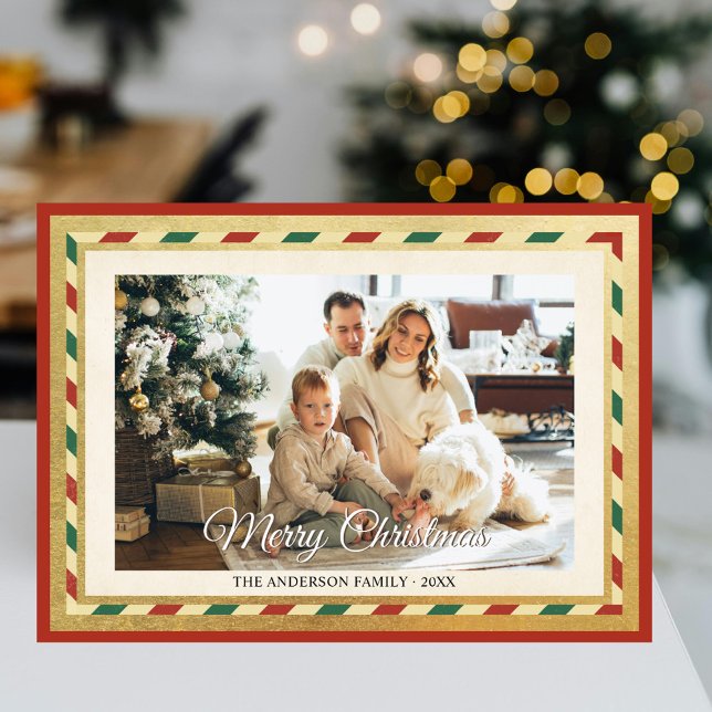 Cartes Pour Fêtes Annuelles Joyeux Noël Retro Gold Red Stripes Frame Photo (Créateur téléchargé)