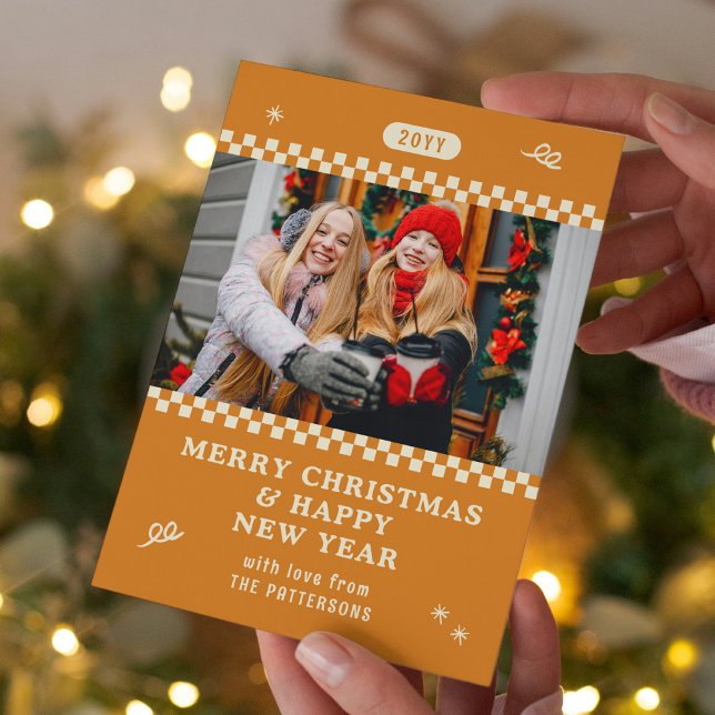 Cartes Pour Fêtes Annuelles Joyeux Noël Retro Orange Photo personnalisée (Créateur téléchargé)