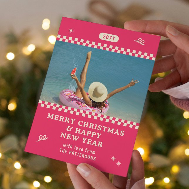 Cartes Pour Fêtes Annuelles Joyeux Noël Retro rose photo personnalisée (Créateur téléchargé)