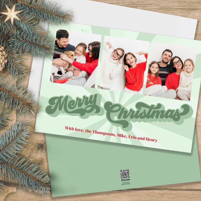 Cartes Pour Fêtes Annuelles Joyeux Noël Retro Typographie Multi Photo Green (A retro-style green holiday 5x7 photo card with creative fun typography)