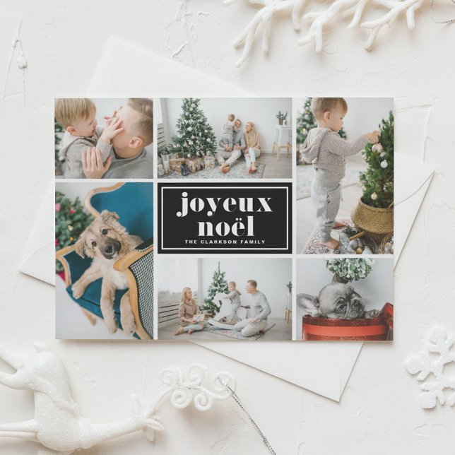 Cartes Pour Fêtes Annuelles Joyeux Noël Retro Typography Black Photo Collage (Customizable photo collage holiday card featuring joyeux noël in retro bold typography.)