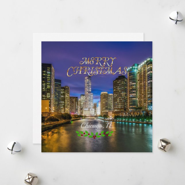Cartes Pour Fêtes Annuelles Joyeux Noël, rivière Chicago au coucher du soleil (Devant/Arrière en situation)