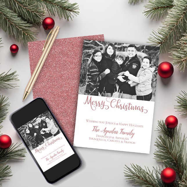 Cartes Pour Fêtes Annuelles Joyeux Noël Rose Gold rose Faux Parties scintillan (Merry Christmas Rose Gold Pink Faux Glitter Photo Holiday Card)