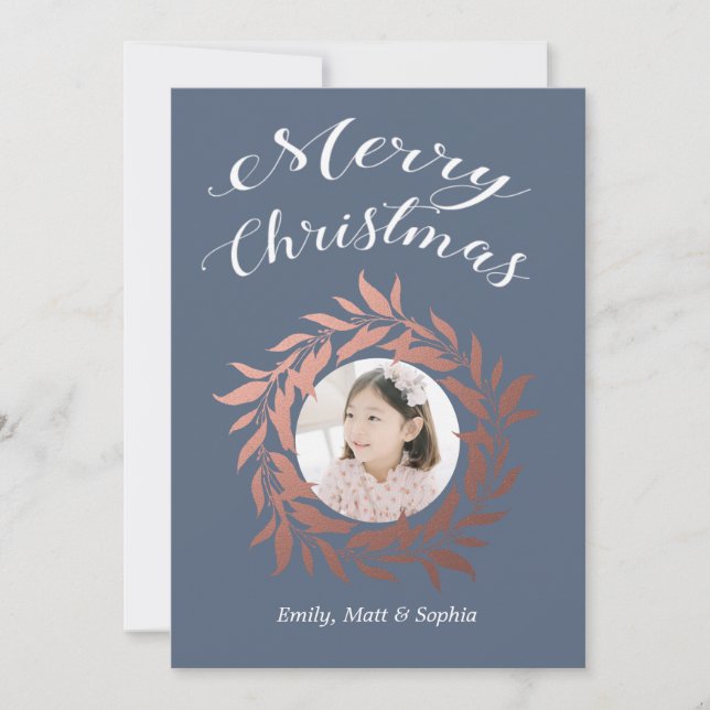 Cartes Pour Fêtes Annuelles Joyeux Noël Rose Gold Wreath Bleu blanc photo (Devant)