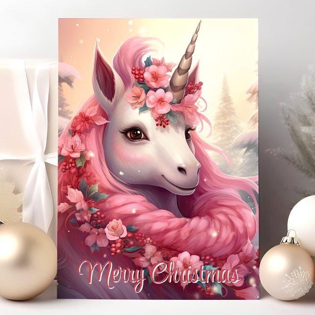 Cartes Pour Fêtes Annuelles Joyeux Noël rose licorne (Créateur téléchargé)