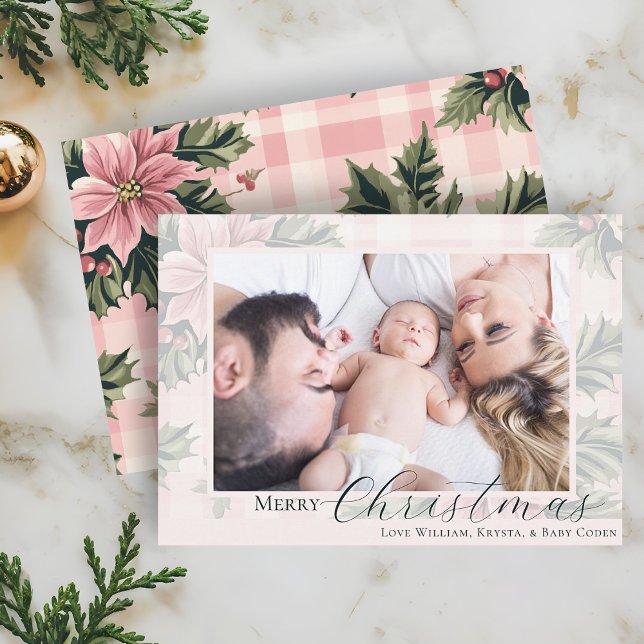 Cartes Pour Fêtes Annuelles Joyeux Noël rose Poinsettia Photo (Merry Christmas Pink Plaid Poinsettia Holiday Greeting Card with Family Photo)