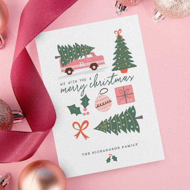 Cartes Pour Fêtes Annuelles Joyeux Noël rose Retro Van Christmas Tree (Merry Christmas Pink Retro Van Christmas Tree Holiday Card)