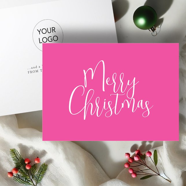 Cartes Pour Fêtes Annuelles Joyeux Noël rose tendance (Vibrant pink business Christmas cards with logo by Victoria Grigaliunas of Do Tell A Belle.)