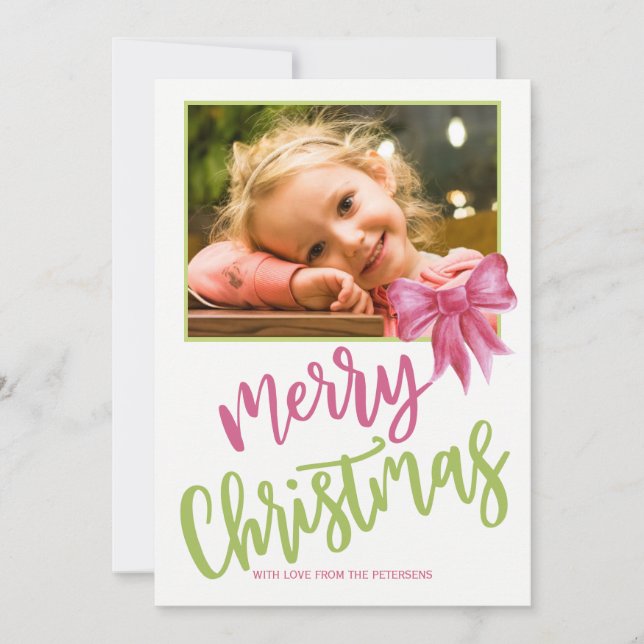 Cartes Pour Fêtes Annuelles Joyeux Noël rose vert script photo (Devant)