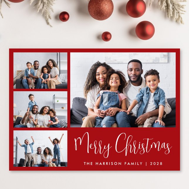 Cartes Pour Fêtes Annuelles Joyeux Noël Rouge 6 Photo (Share the love and warmth of the season with a personalized 6 photo Christmas card)