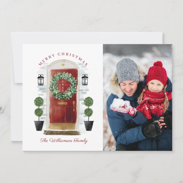 Cartes Pour Fêtes Annuelles Joyeux Noël Rouge aquarelle photo de la porte avan (Devant)