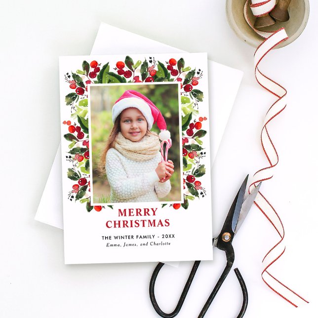 Cartes Pour Fêtes Annuelles Joyeux Noël Rouge Aquarelle verte Photo (Créateur téléchargé)