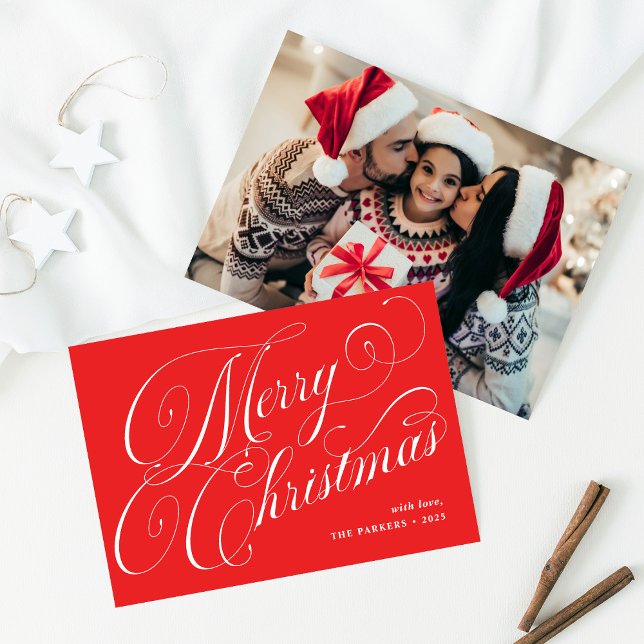 Cartes Pour Fêtes Annuelles Joyeux Noël | Rouge avec calligraphie et photo (Créateur téléchargé)