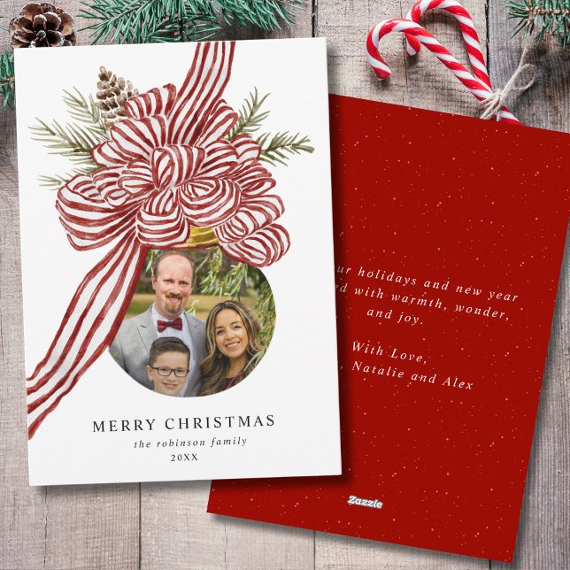Cartes Pour Fêtes Annuelles Joyeux Noël Rouge Bow Ornement Photo de famille (Créateur téléchargé)