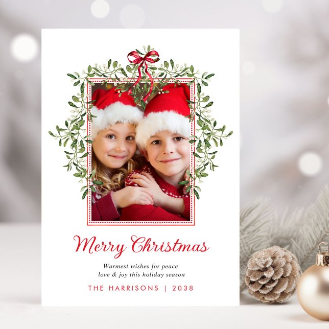 Cartes Pour Fêtes Annuelles Joyeux Noël Rouge Bow Vert aquarelle Photo (Share the love and warmth of the holiday season with this personalized photo Christmas card)